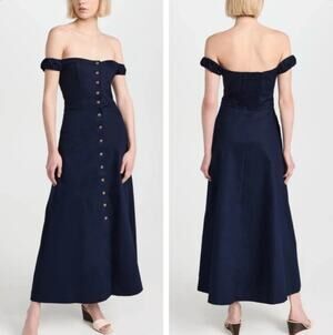 NWT Favorite Daughter The Lovesick Midi Dress Navy Blue Cotton Off Shoulder 8
